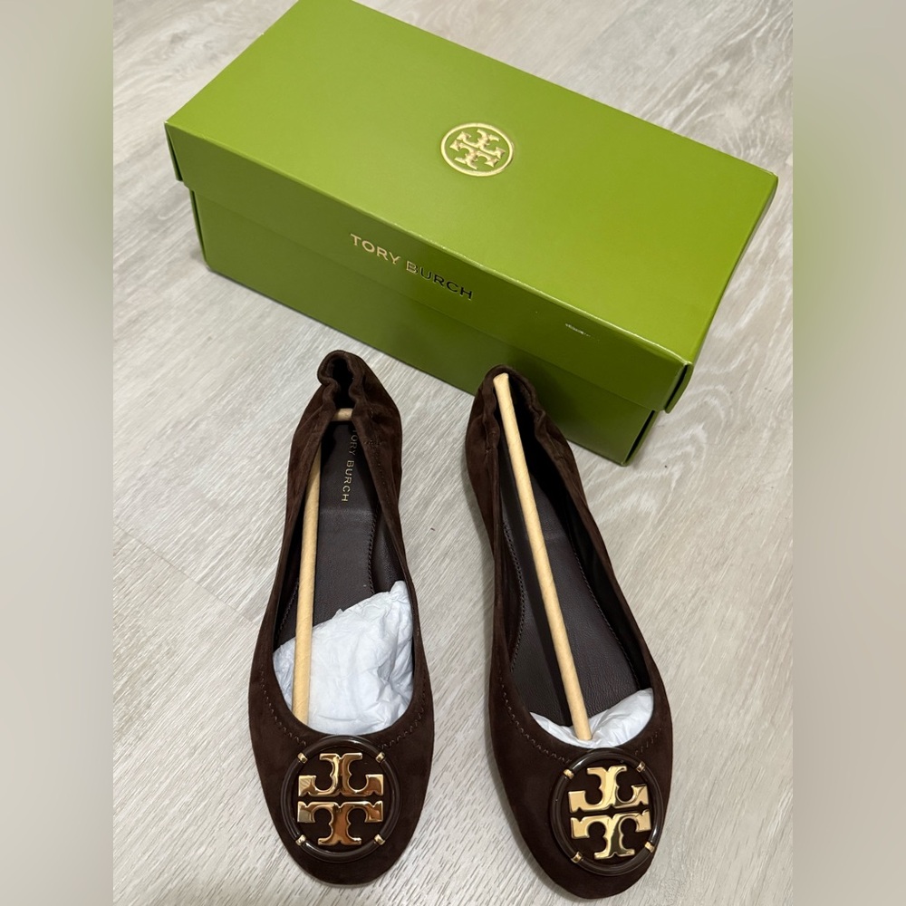 Tory Burch Dark Cocoa Brown Flats with Gold Logo